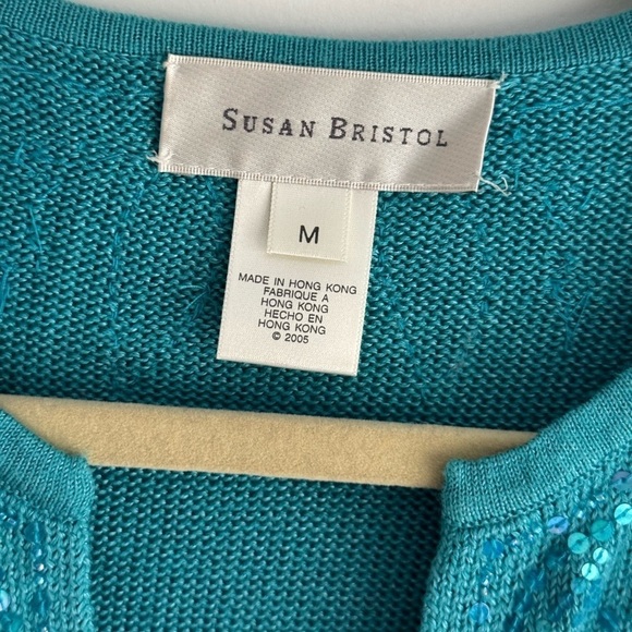 Susan Bristol V-Neck Sweater Split Neck Sequin Knit Turquoise Resort Top Medium - Picture 7 of 9
